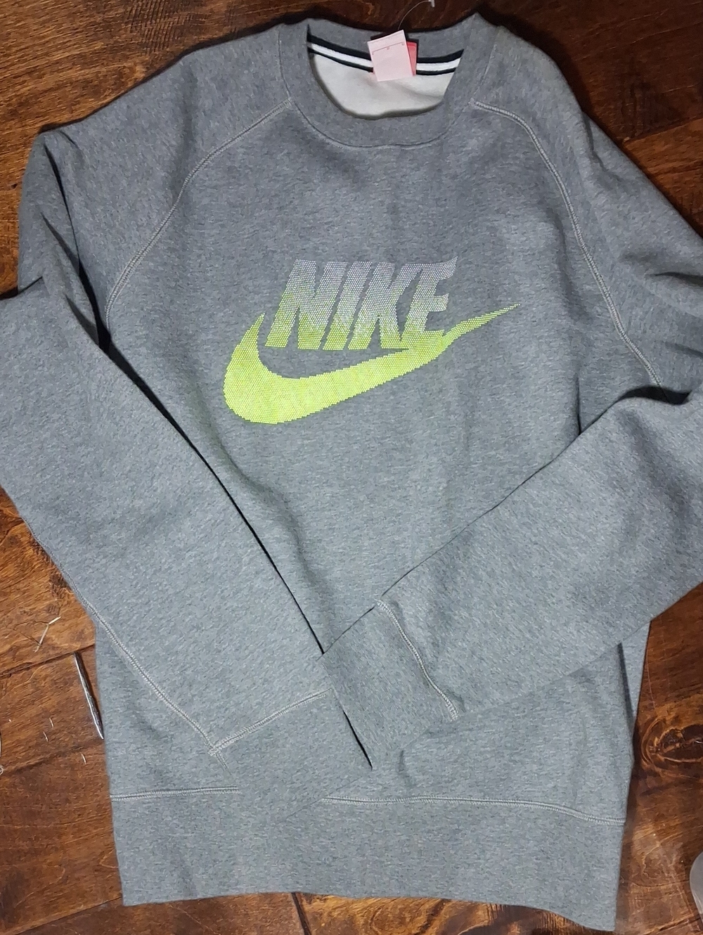 Nike Women's Gray Crewneck Sweatshirt with Neon Yellow Swoosh